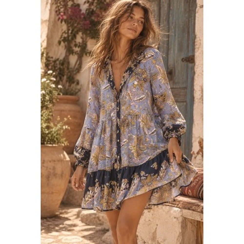 Anthropologie Blue Floral Paisley Tiered Mini Dress XL Long Sleeve Boho Rayon
